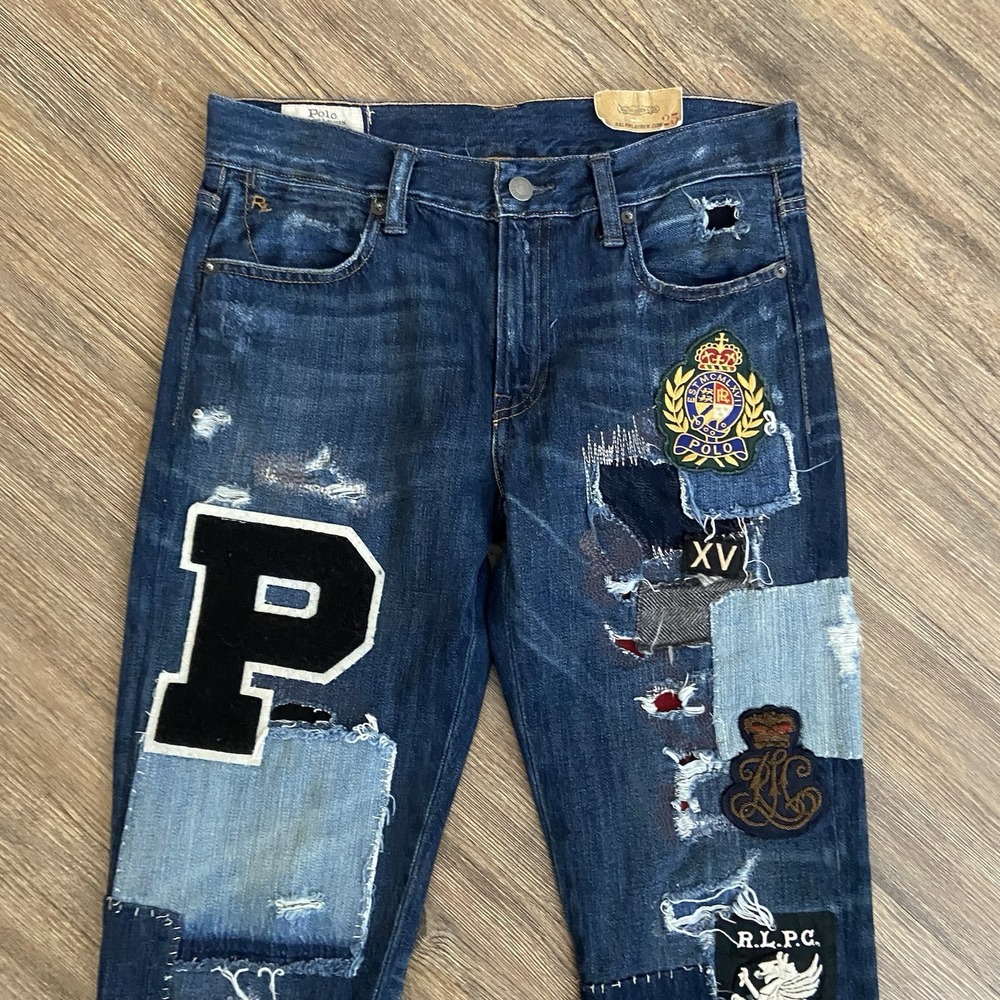 Polo Ralph Lauren Dungarees Patchwork Blue Distressed Denim Pants Wmns Sz 25 NEW - Picture 3 of 10